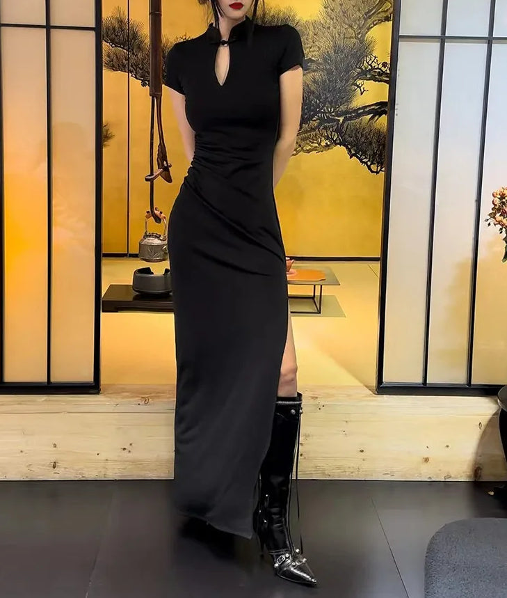 V Neck Button Slit Maxi Dress - VelvetHem