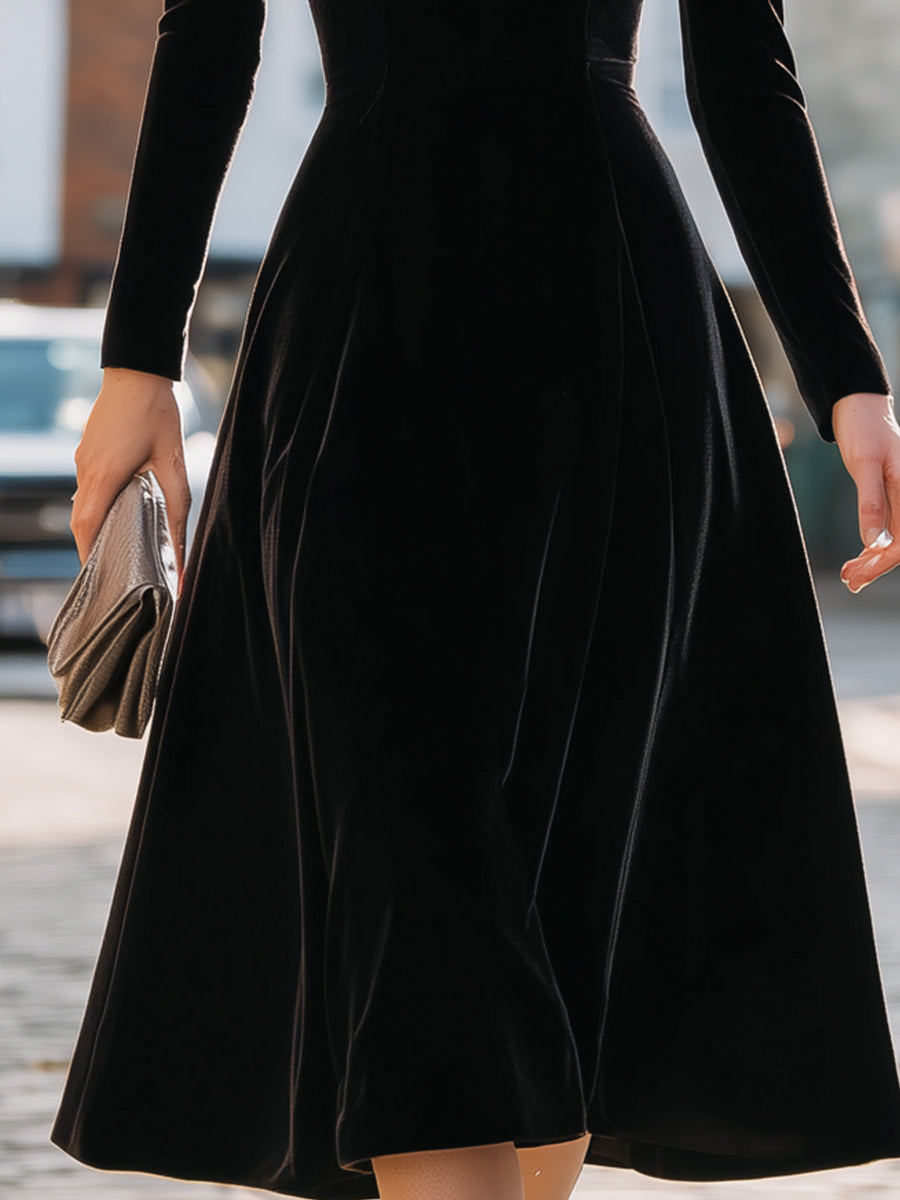 Mooyius Black Velvet Midi Dress With White Lapel Collar