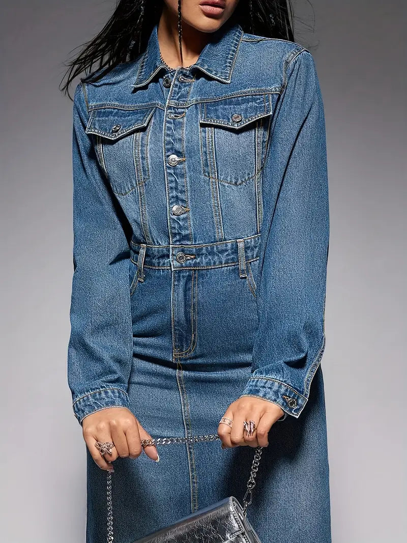 Zola Statement Long Sleeved Denim Maxi Dress Chic Silhouette Collection