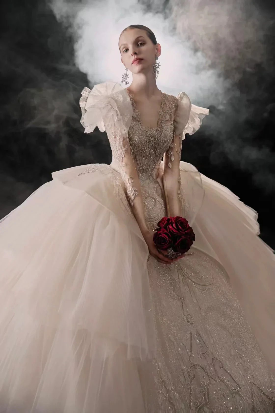 Glamorous V-Neck Ball Gown Long Lace Sleeve Beaded Embroidery Wedding Dress with Ruffled Train (ZD16904) - VelvetHem