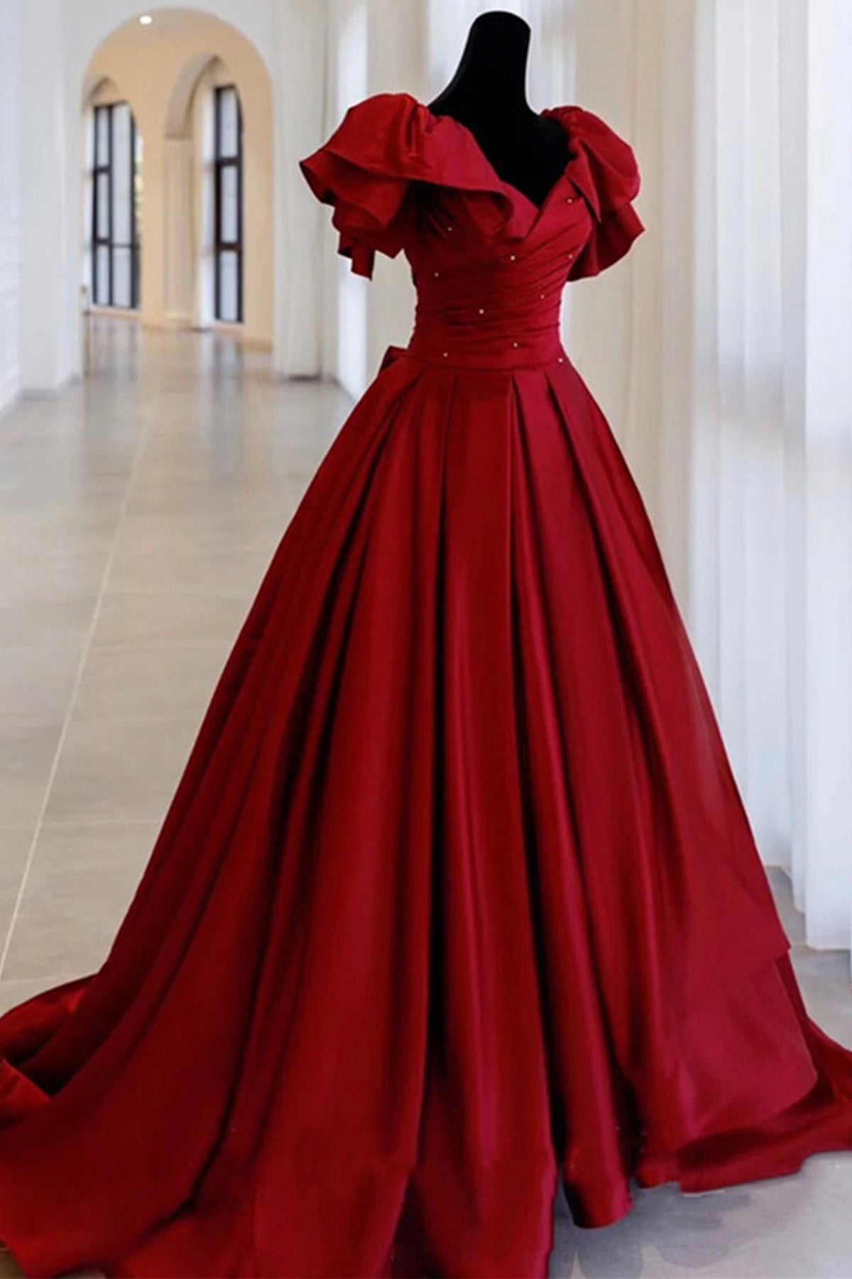 Burgundy satin long A line prom dress evening dress Y518 - VelvetHem