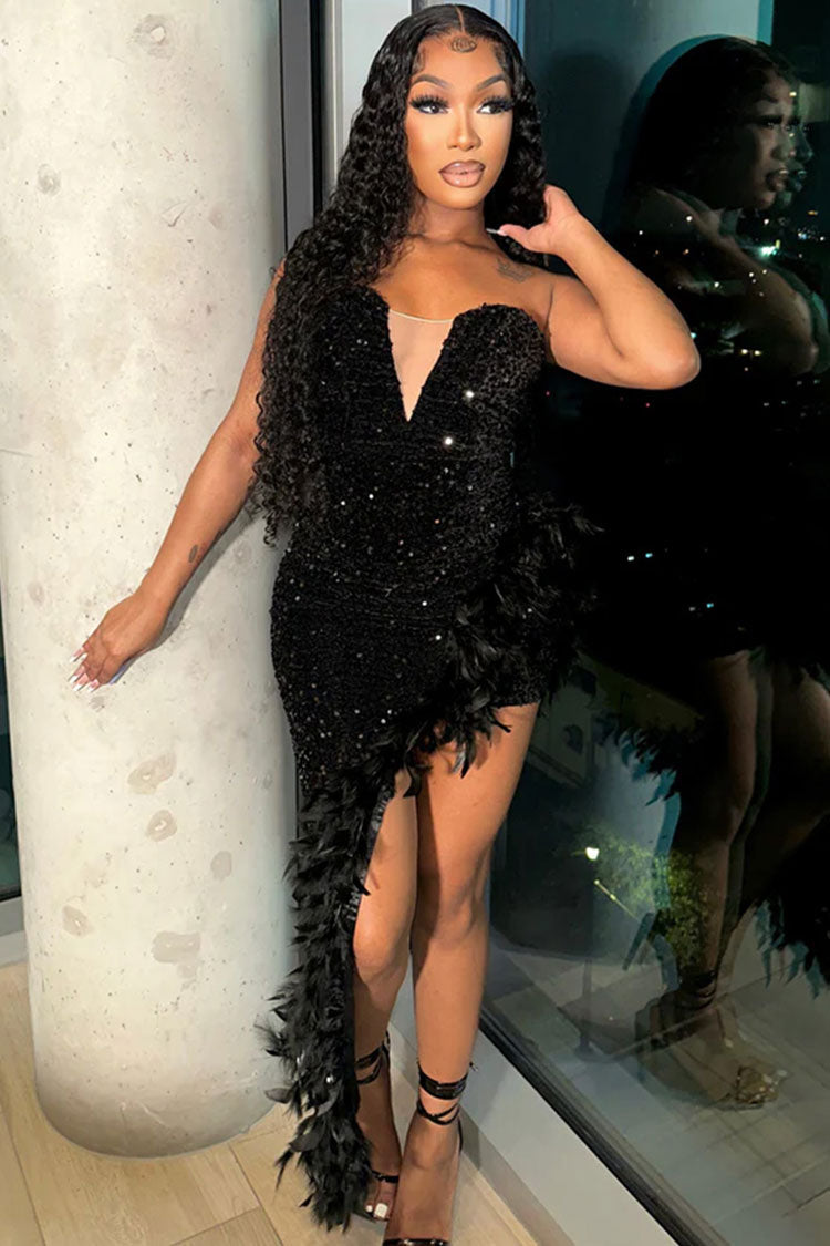 Asymmetrical Feather Hem Strapless Sequin Velvet Evening Dress - Black - VelvetHem
