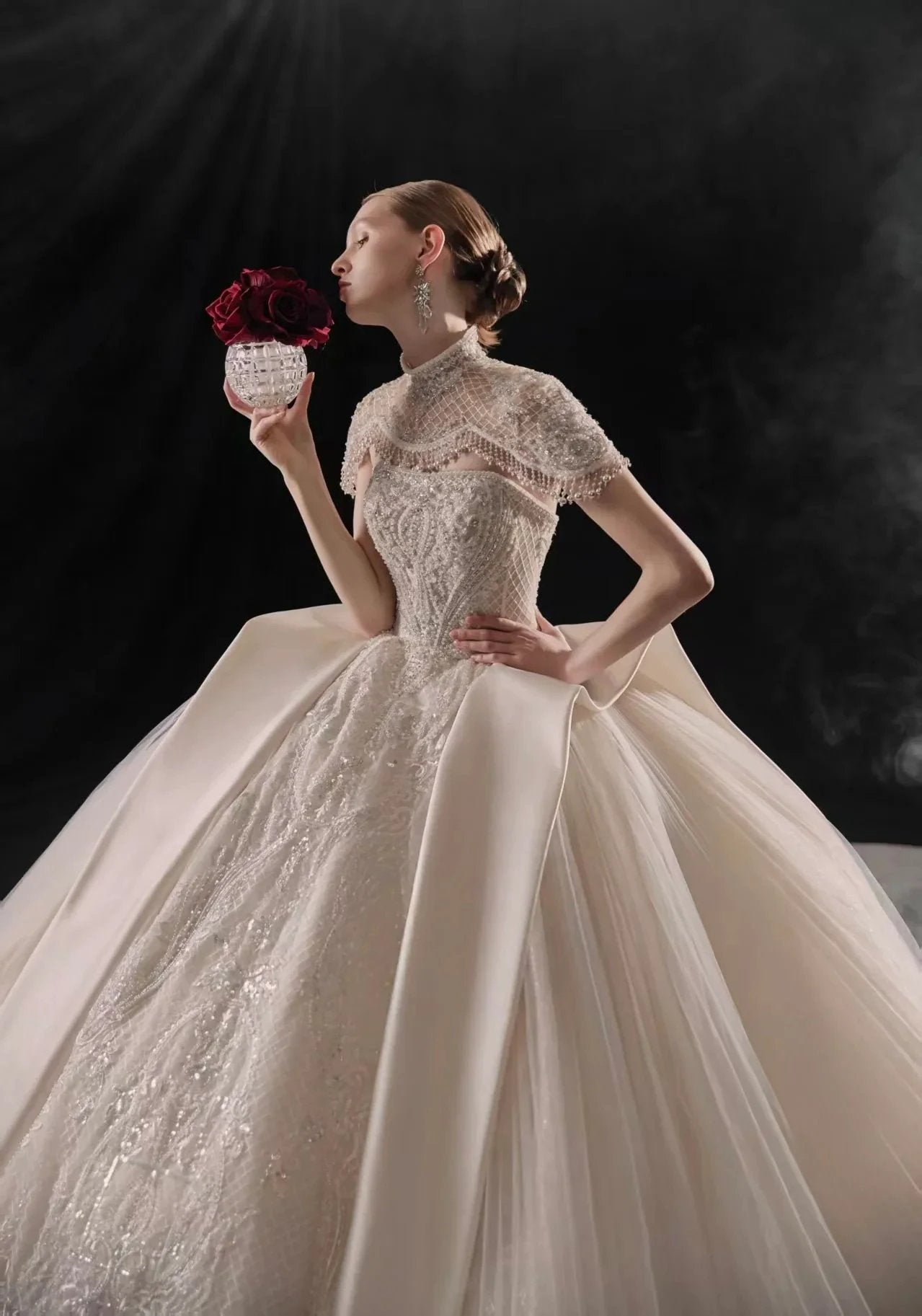 Regal High-Neck Ball Gown Beaded Mesh Capelet Satin Panel Wedding Dress with Embroidered Train (ZD16902)