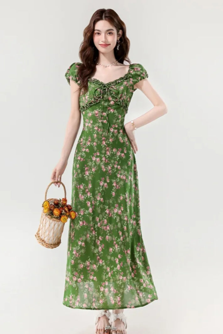 Retro Slim Green V-Neck Floral Dress - View 7 | VelvetHem