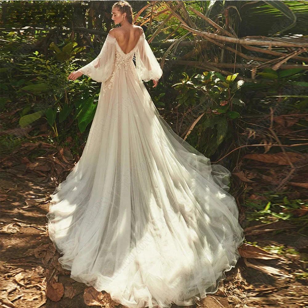 Light Champagne Wedding Dresses Pastrol Puff Long Sleeves 3D Flowers Bride Gowns A-Line Sexy Backless vestidos de novia (ZD13523)