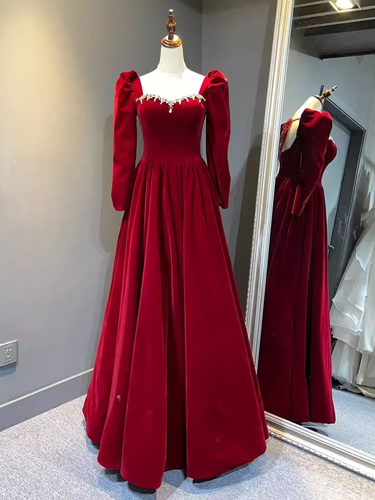 Elegant Red Velvet Long Sleeves Evening Dress Formal Prom Dress With Beaded - VelvetHem