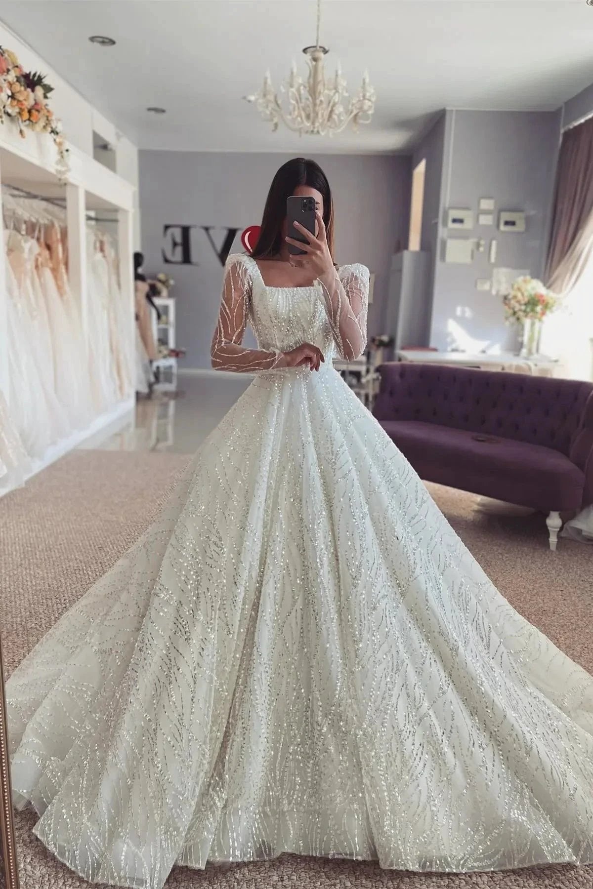Fabulous A-Line Lace Off-The-Shoulder Long Sleeve White Wedding Dress With Ruffles (ZD15546) - VelvetHem