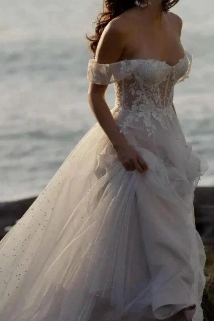 Fabulous A-Line Lace Off-The-Shoulder Sleeveless White Wedding Dress With Ruffles (ZD15530) - VelvetHem