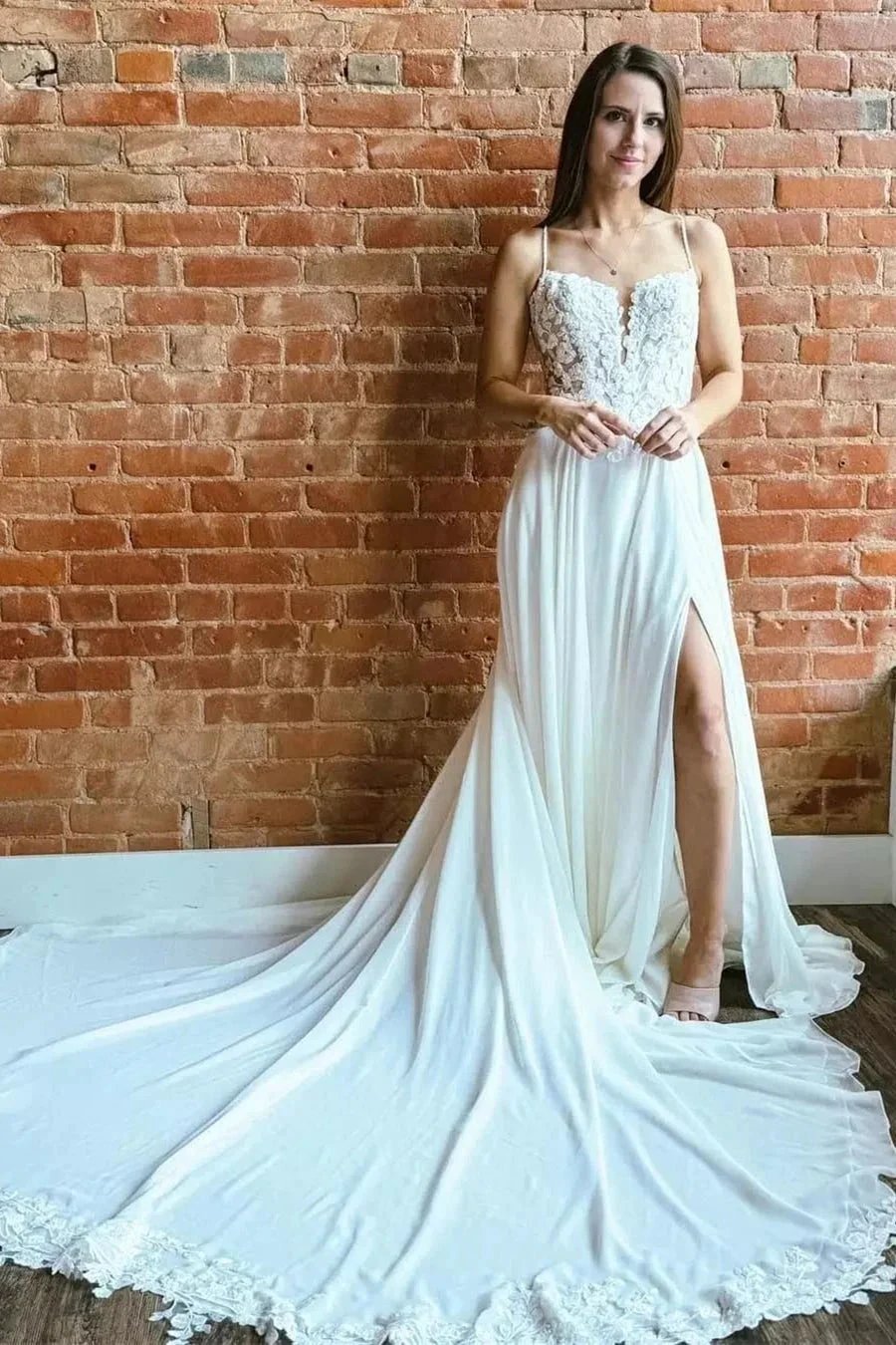 Fabulous A-Line Lace Spaghetti Straps Sleeveless White Wedding Dresses With Split Train (ZD15535) - VelvetHem