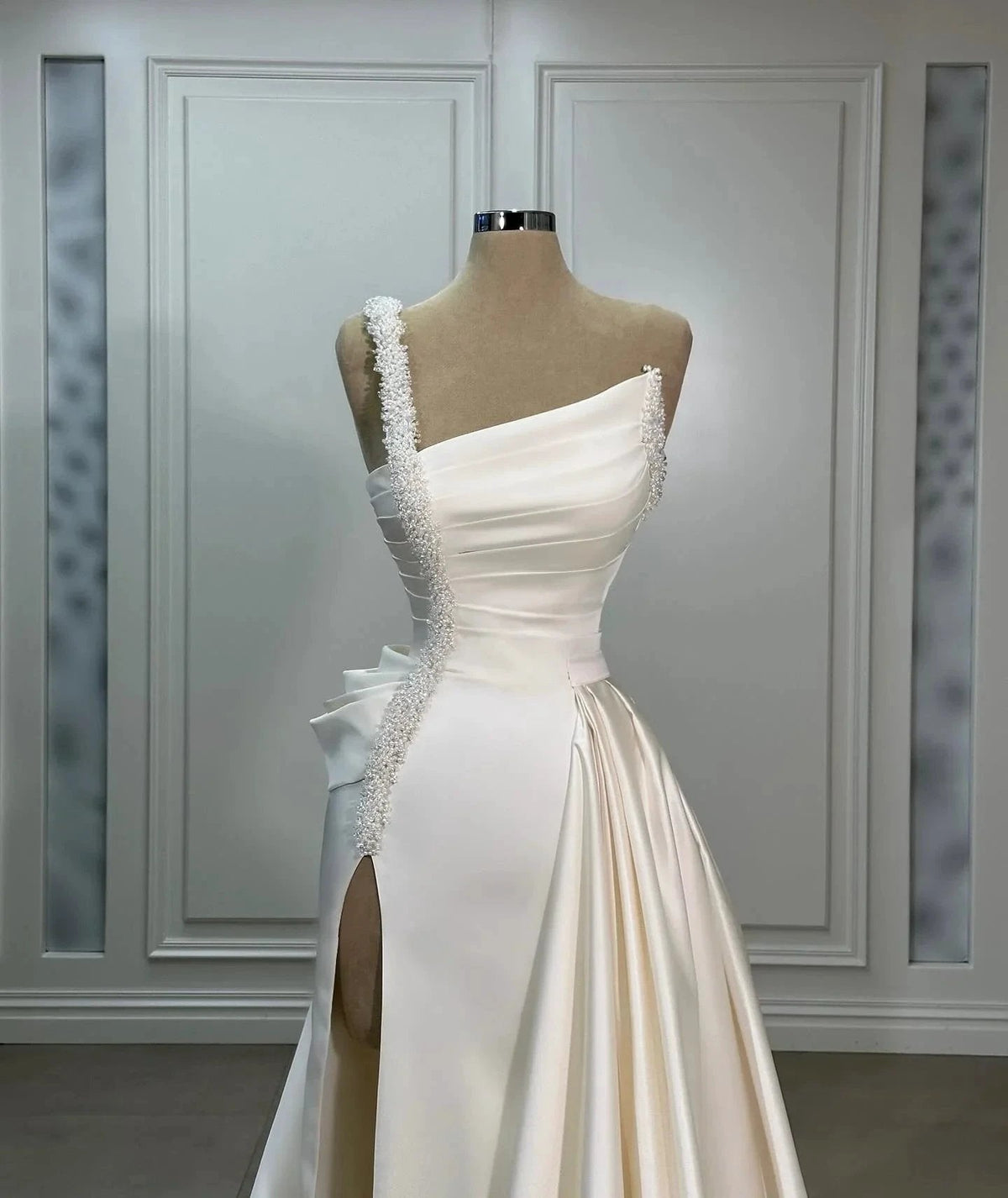 Fabulous A-Line Satin One Shoulder Sleeveless Wedding Dresses With Ruffles Split Front (ZD15561)