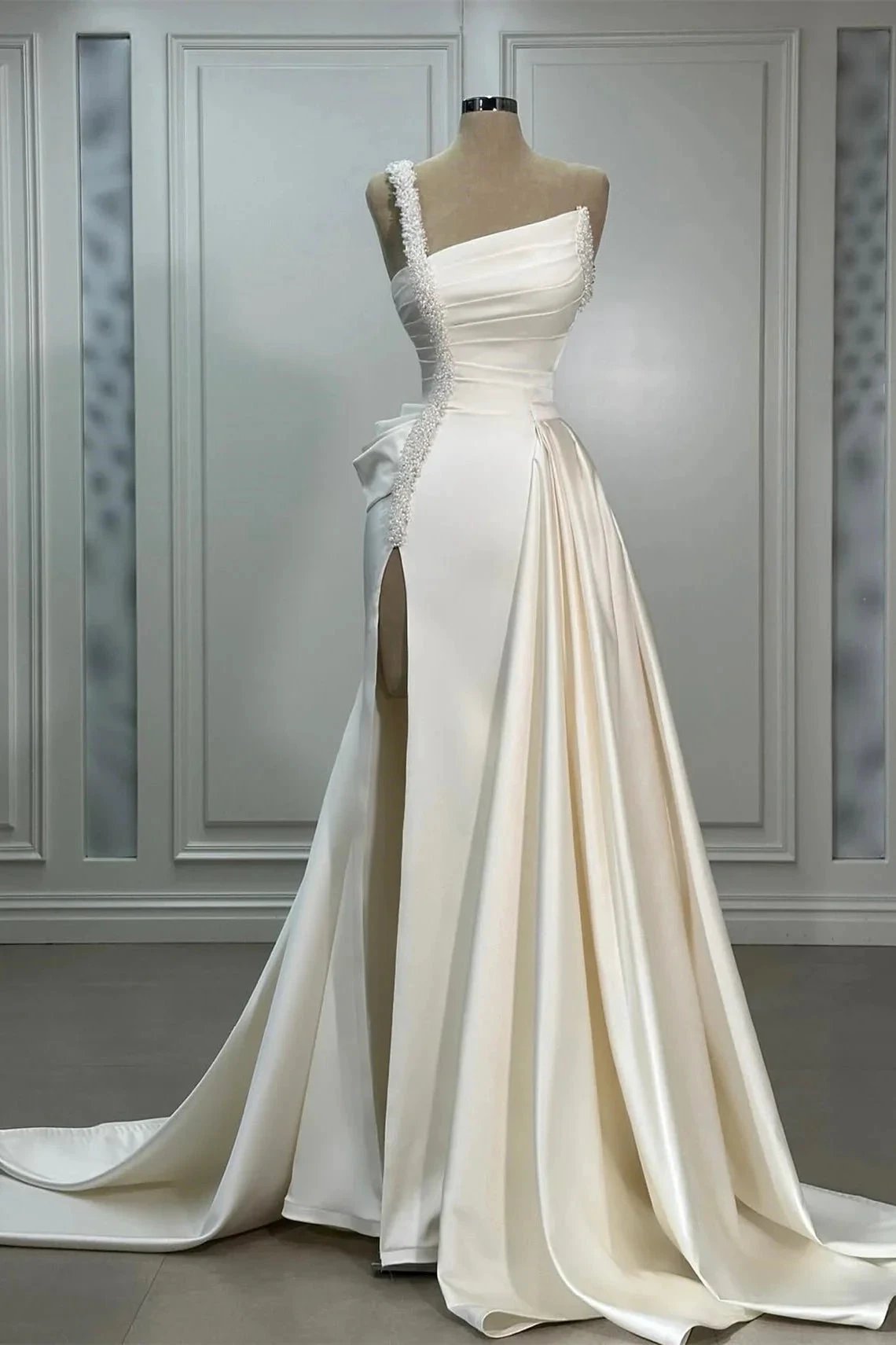 Fabulous A-Line Satin One Shoulder Sleeveless Wedding Dresses With Ruffles Split Front (ZD15561) - VelvetHem