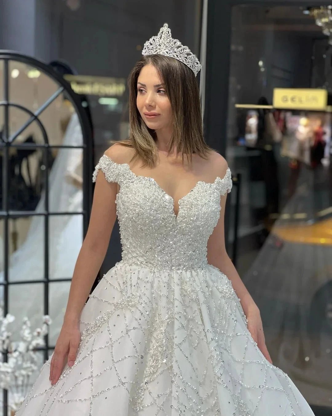 Fabulous Floor Length Sweetheart Off-The-Shoulder A-Line Sequined Wedding Dress with Ruffles (ZD14789)