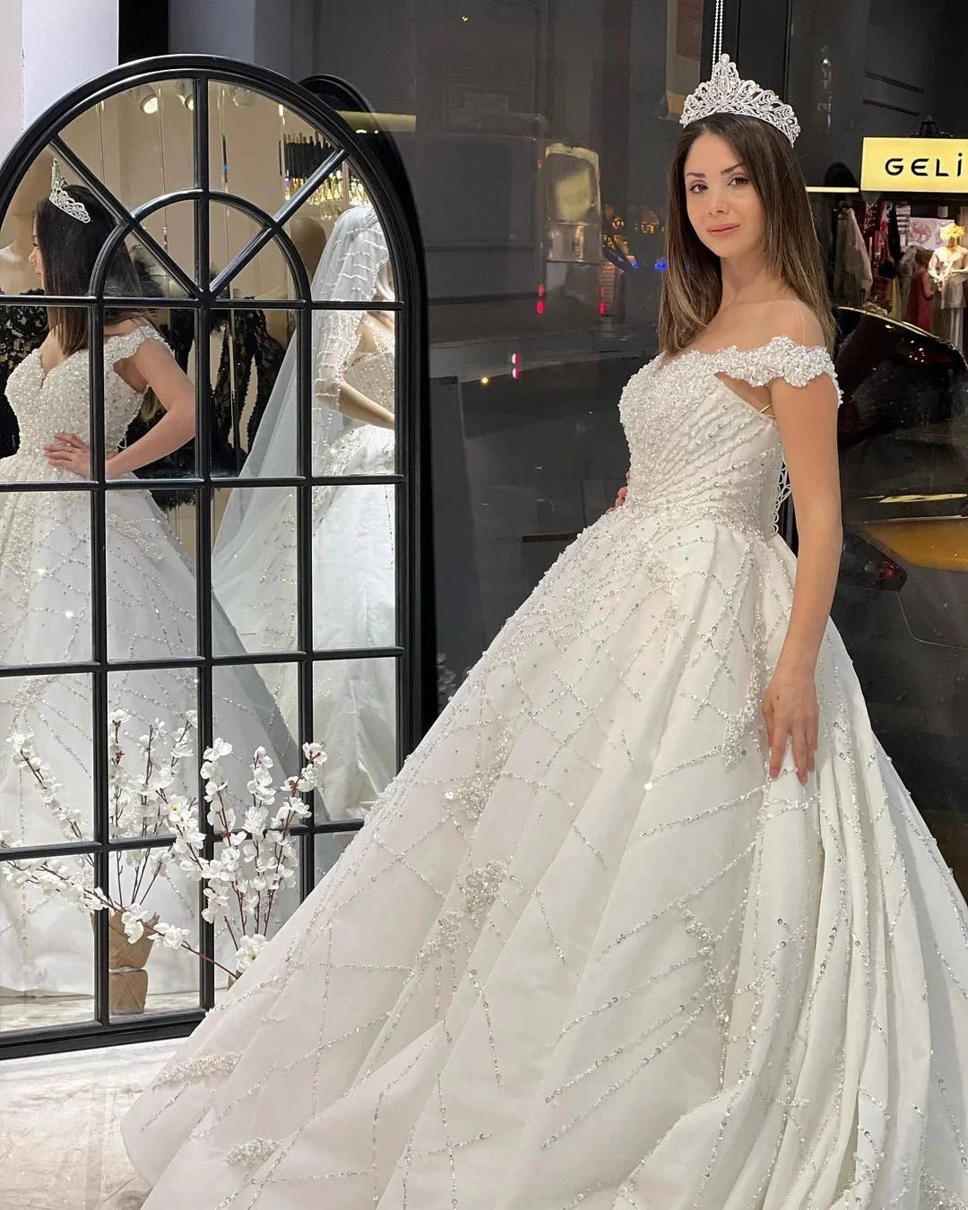 Fabulous Floor Length Sweetheart Off-The-Shoulder A-Line Sequined Wedding Dress with Ruffles (ZD14789)