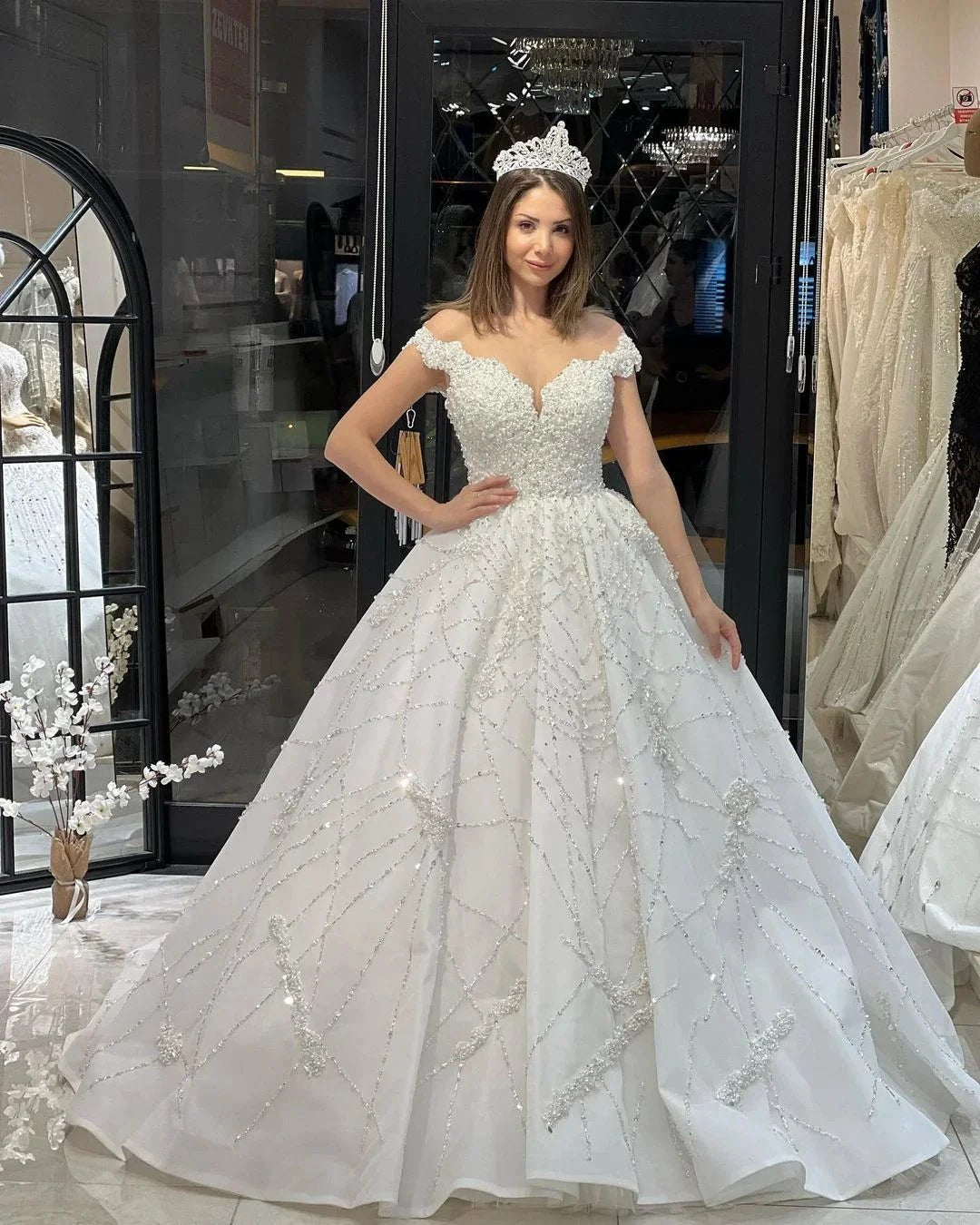 Fabulous Floor Length Sweetheart Off-The-Shoulder A-Line Sequined Wedding Dress with Ruffles (ZD14789)