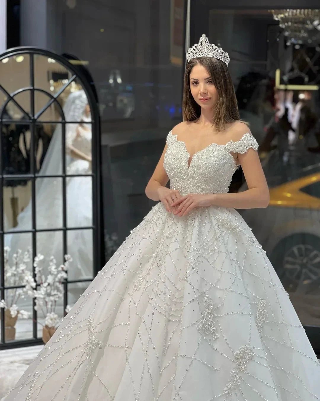 Fabulous Floor Length Sweetheart Off-The-Shoulder A-Line Sequined Wedding Dress with Ruffles (ZD14789)