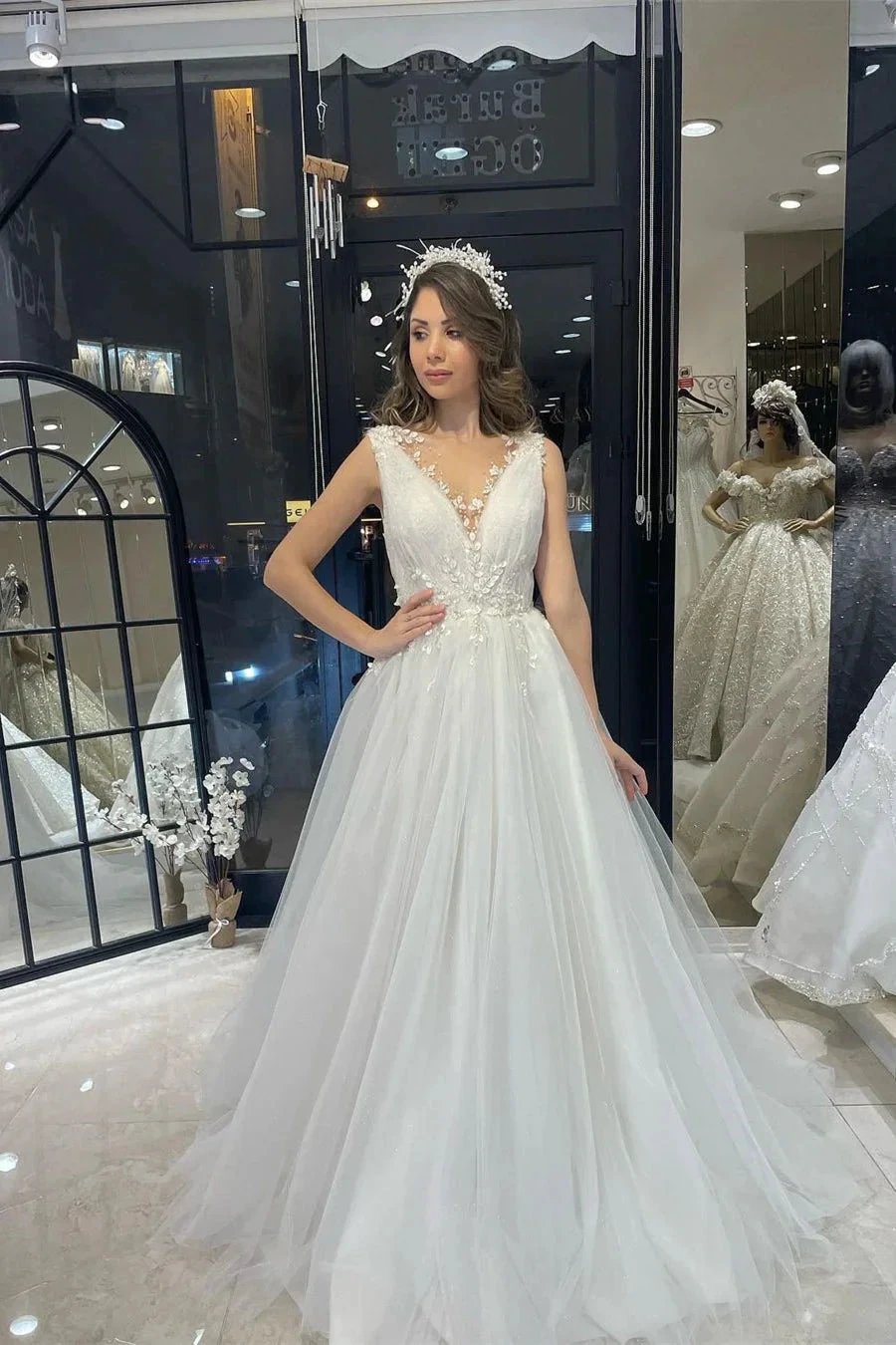 Fabulous Floor Length V-Neck Sleeveless A-Line Tulle Wedding Dress (ZD14797) - VelvetHem