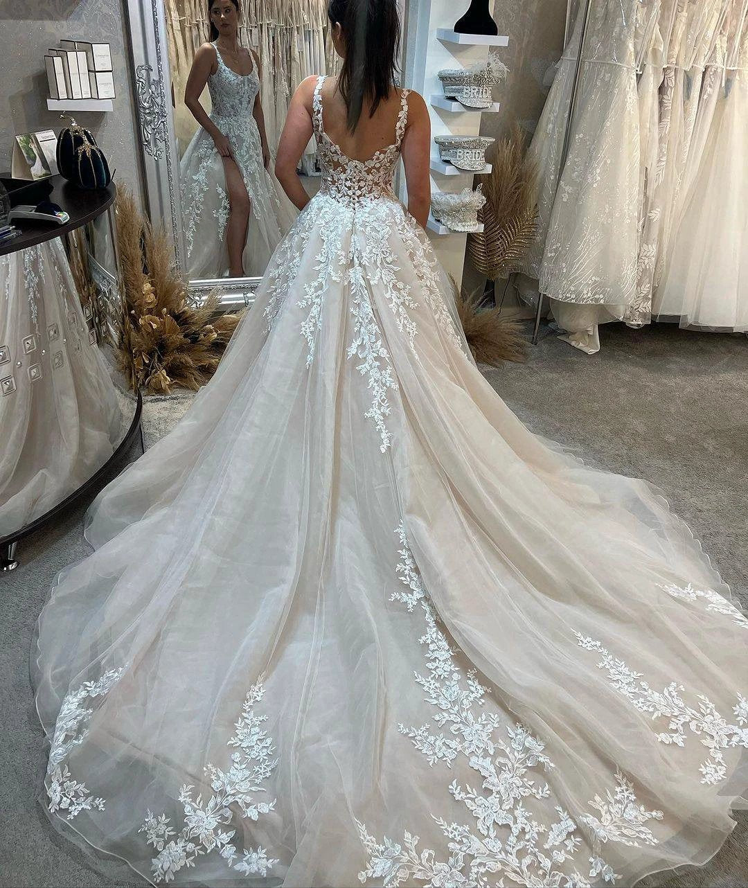Fabulous Long A-line Sleeveless Lace Wedding Dress With Slit (ZD14823)