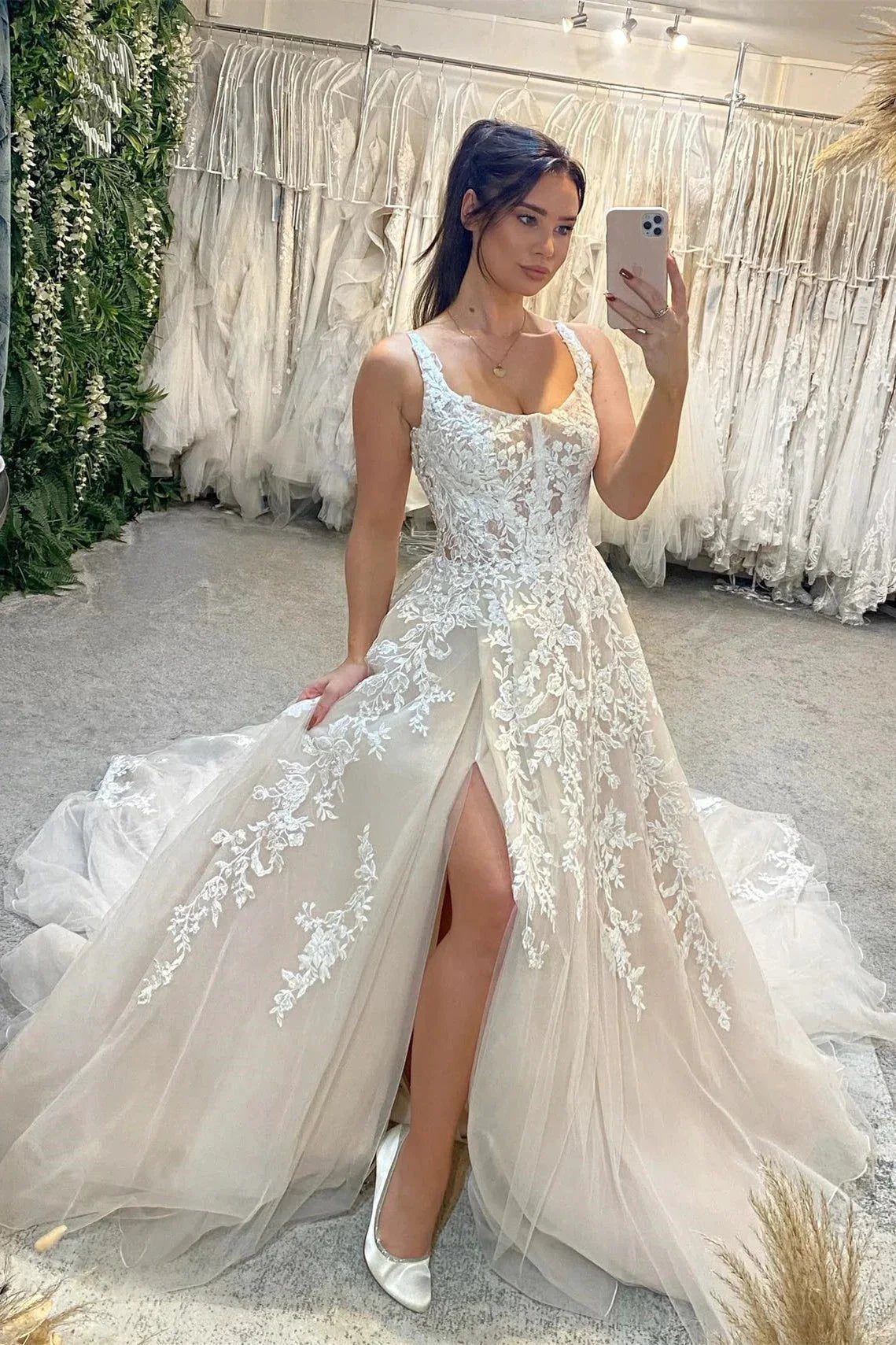 Fabulous Long A-line Sleeveless Lace Wedding Dress With Slit (ZD14823)