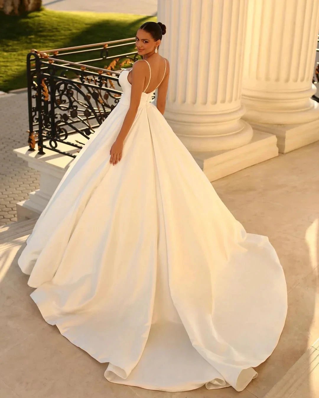 Fabulous Long White A-line Spaghetti Straps Satin Wedding Dress (ZD14815)