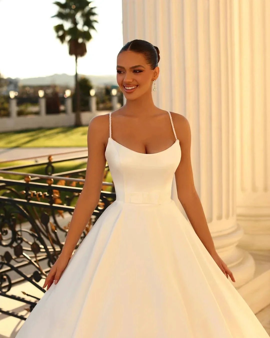 Fabulous Long White A-line Spaghetti Straps Satin Wedding Dress (ZD14815)
