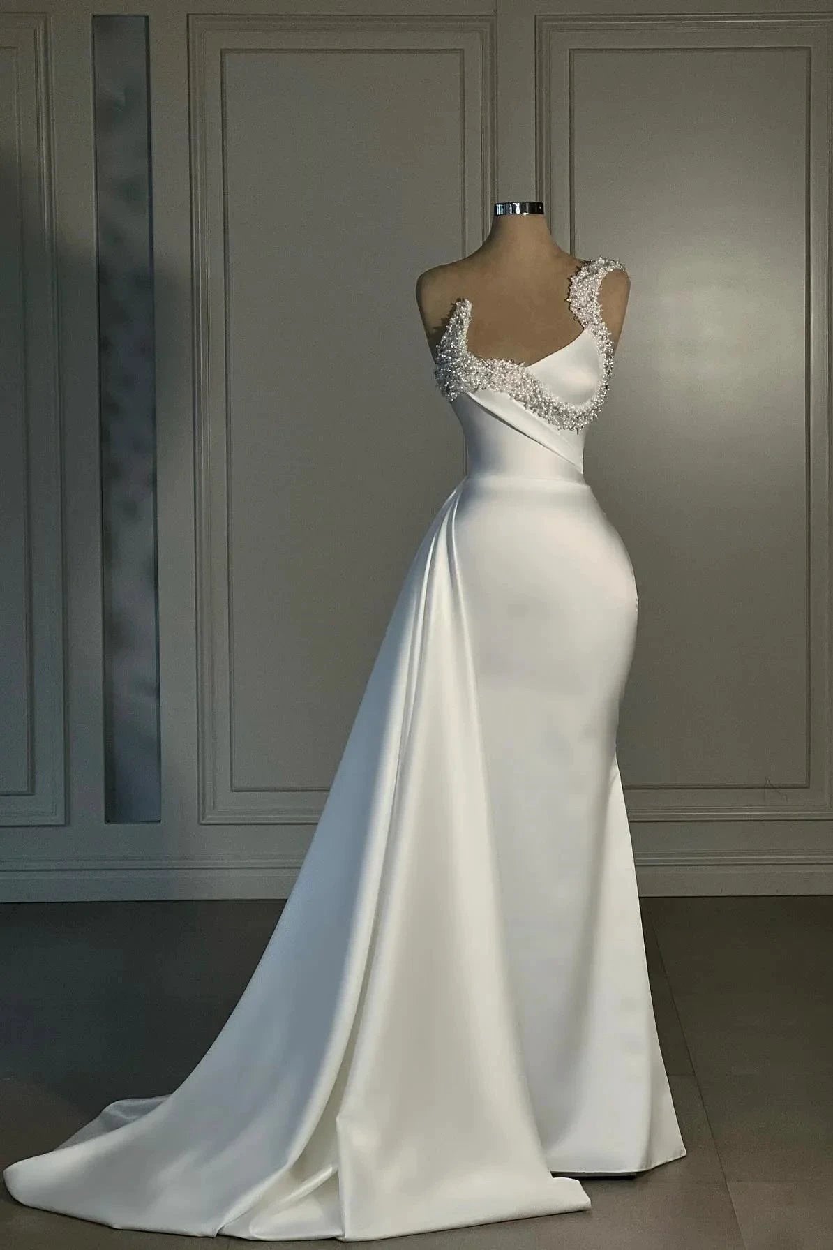 Fabulous Mermaid Satin One Shoulder Sleeveless White Wedding Dresses With Rhinestone (ZD15559) - VelvetHem