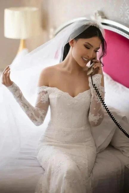Fabulous Off-the-shoulder Long-Sleeve Mermaid Floor-Length Lace Wedding Dresses with Chapel Train (ZD14668) - VelvetHem
