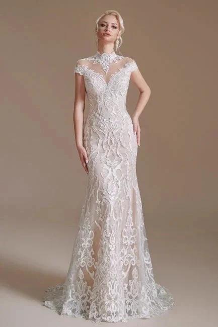 Fabulous Off-the-shoulder Sleeveless Mermaid Floor-Length Lace Wedding Dresses with Pattern (ZD14665)
