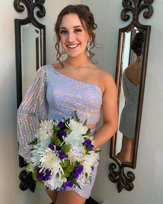 two piece blue sequin one sleeve bodycon mini dress homecoming dress (ZD12495) - VelvetHem