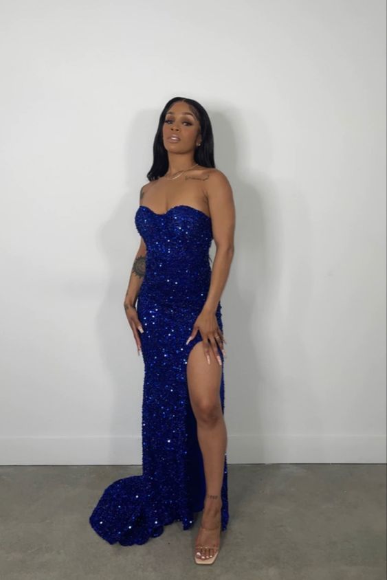 Royal Blue Strapless Sequins Evening Dress Side Slit Classy Royal Blue Prom Dress Y490 - VelvetHem