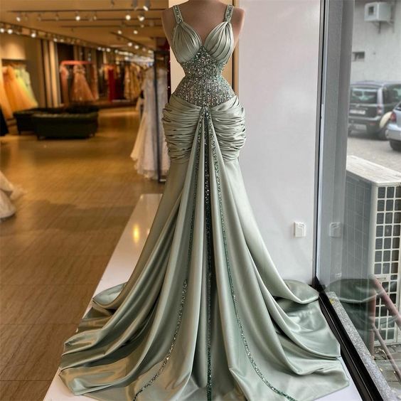 Green prom dress, sweetheart prom dresses, pleats prom dresses, crystal prom dresses, beaded evening dresses, new arrival prom dresses Y517 - VelvetHem