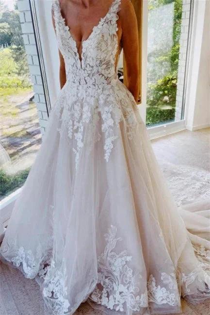 Fashion Backless A-Line V-neck Sleeveless Wedding Dresses With Lace (ZD14639) - VelvetHem