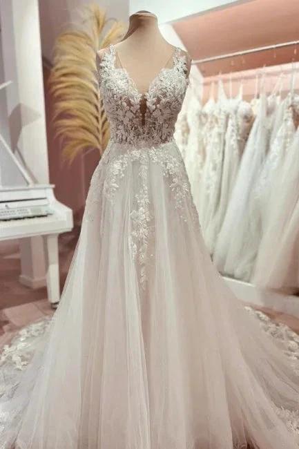 Fashion Long A-line V-neck Lace Tulle Wedding Dress with Train (ZD15589) - VelvetHem
