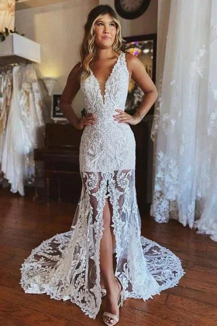 Fashion Spaghetti Straps Lace Mermaid Wedding Gowns With Slit (ZD16456) - VelvetHem