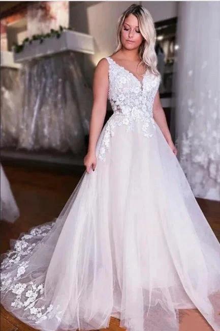 Fashion Straps A-Line Backless V-neck Wedding Dress With Lace (ZD14609) - VelvetHem