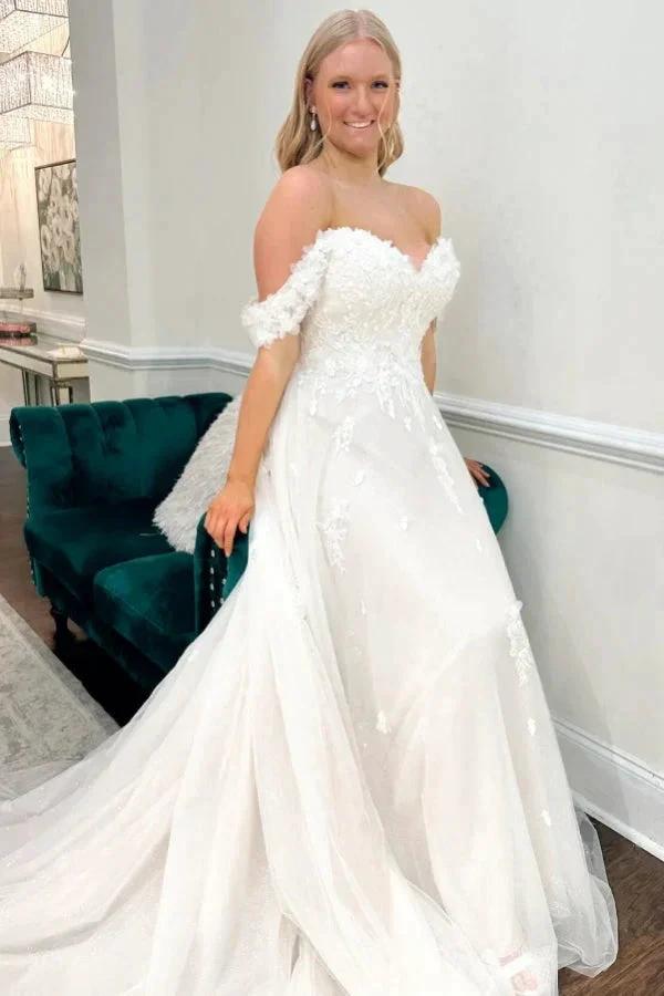 Fashionable Long Ivory A-line Off-the-shoulder Tulle Appliques Wedding Dress (ZD15526) - VelvetHem