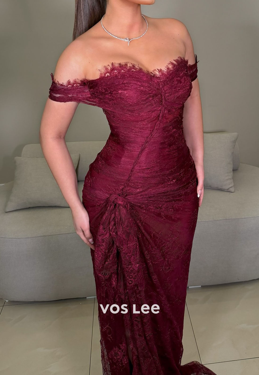 Off-Shoulder Lace Mermaid Prom Dress Pleated High Slit Party Gowns