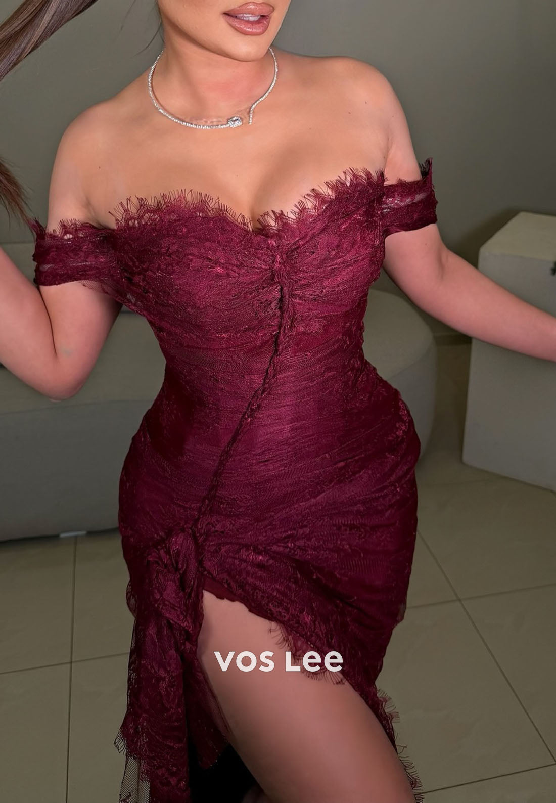 Off-Shoulder Lace Mermaid Prom Dress Pleated High Slit Party Gowns