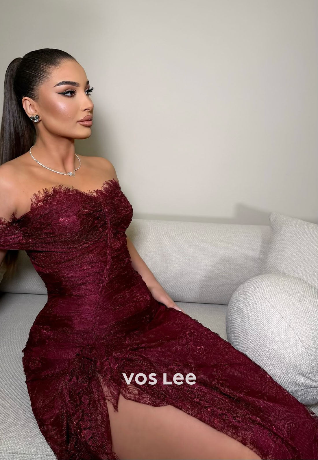 Off-Shoulder Lace Mermaid Prom Dress Pleated High Slit Party Gowns