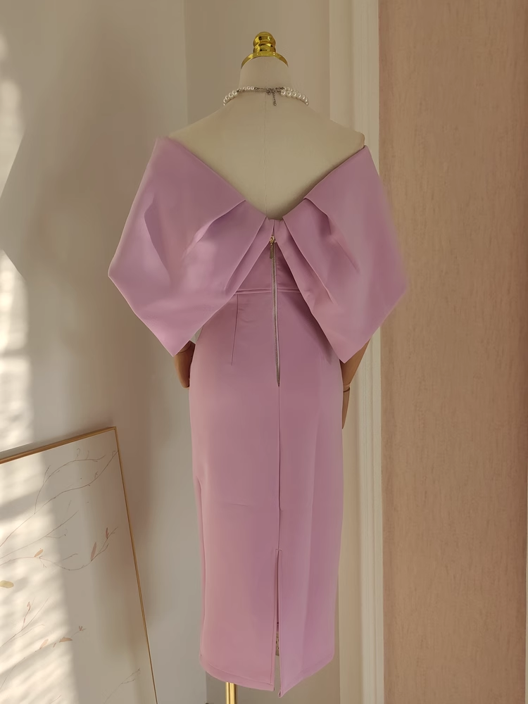 Sexy A line Off The Shoulder Lilac Vacation Dress Satin Women Dresses - View 2 | VelvetHem