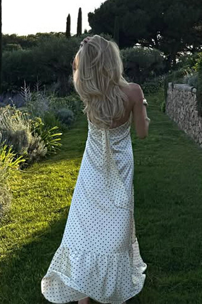 Polka Dot Backless Satin Maxi Dress - View 4 | VelvetHem