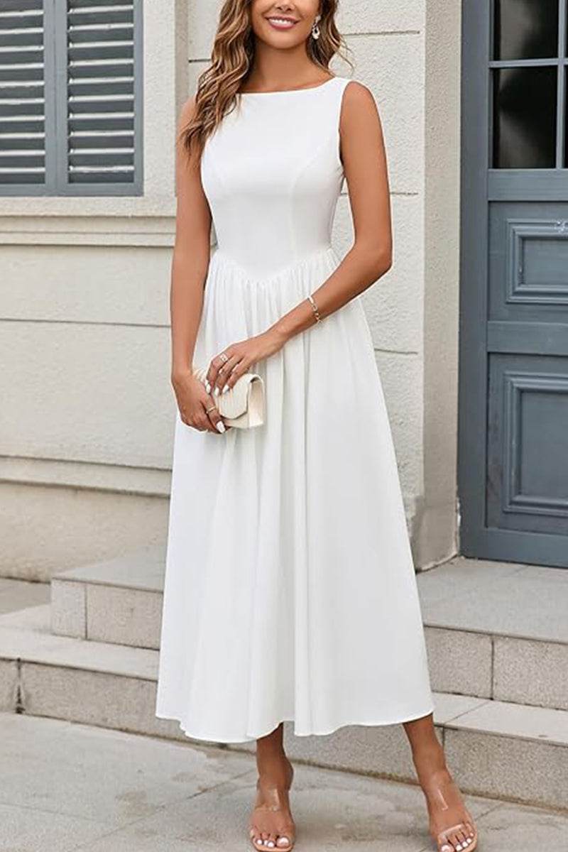 Elegant Cutout Back White Maxi Dress | Sleeveless Pleated Wedding Guest Gown