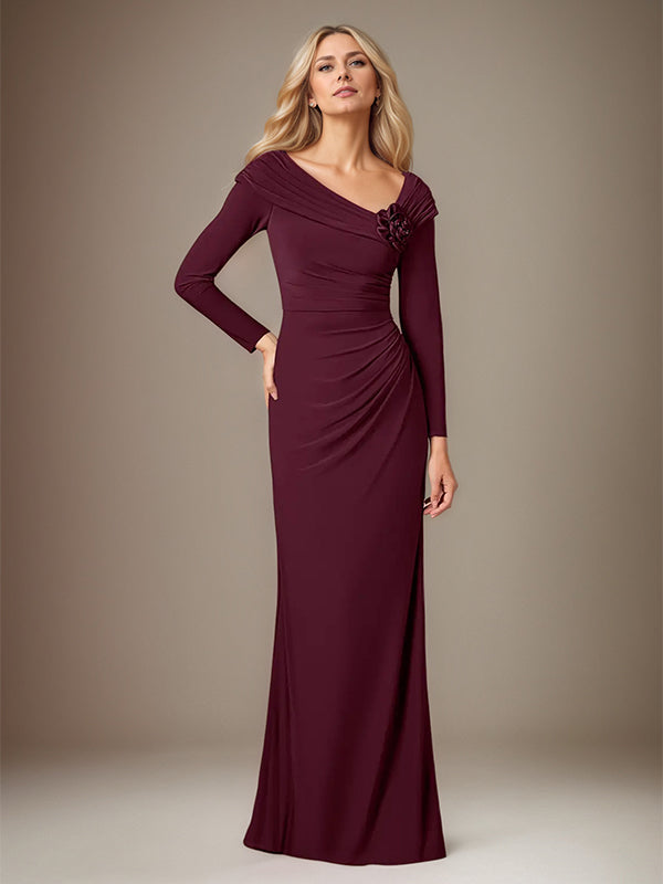 Cabernet Satin Asymmetrical Neck Long Sleeves Floor Length Dress With 3D Flower - VelvetHem