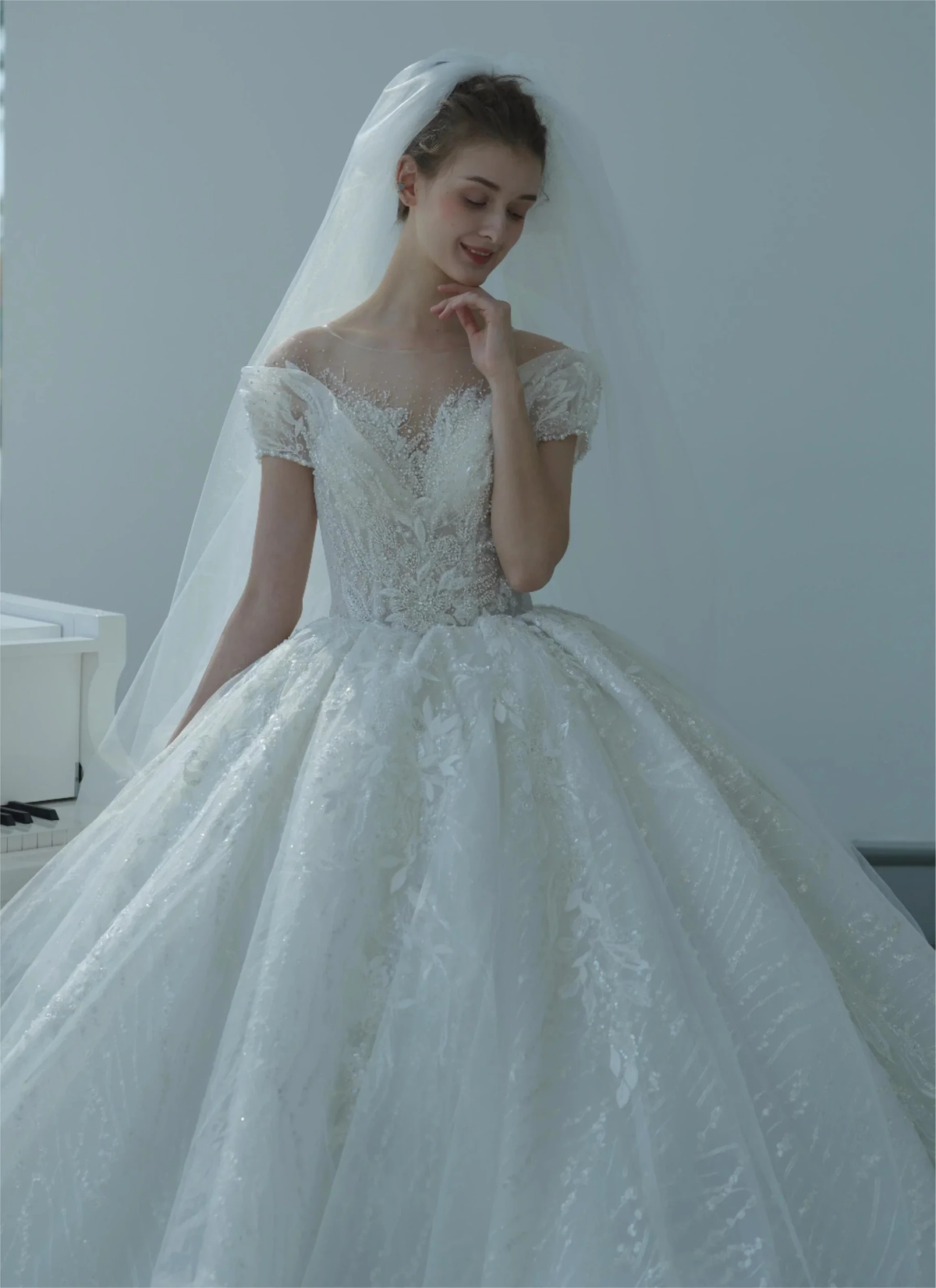 Ethereal Ball Gown Off-the-Shoulder Illusion Lace Wedding Dress with Beaded Embroidery & Cathedral Train M-002 (ZD16919)
