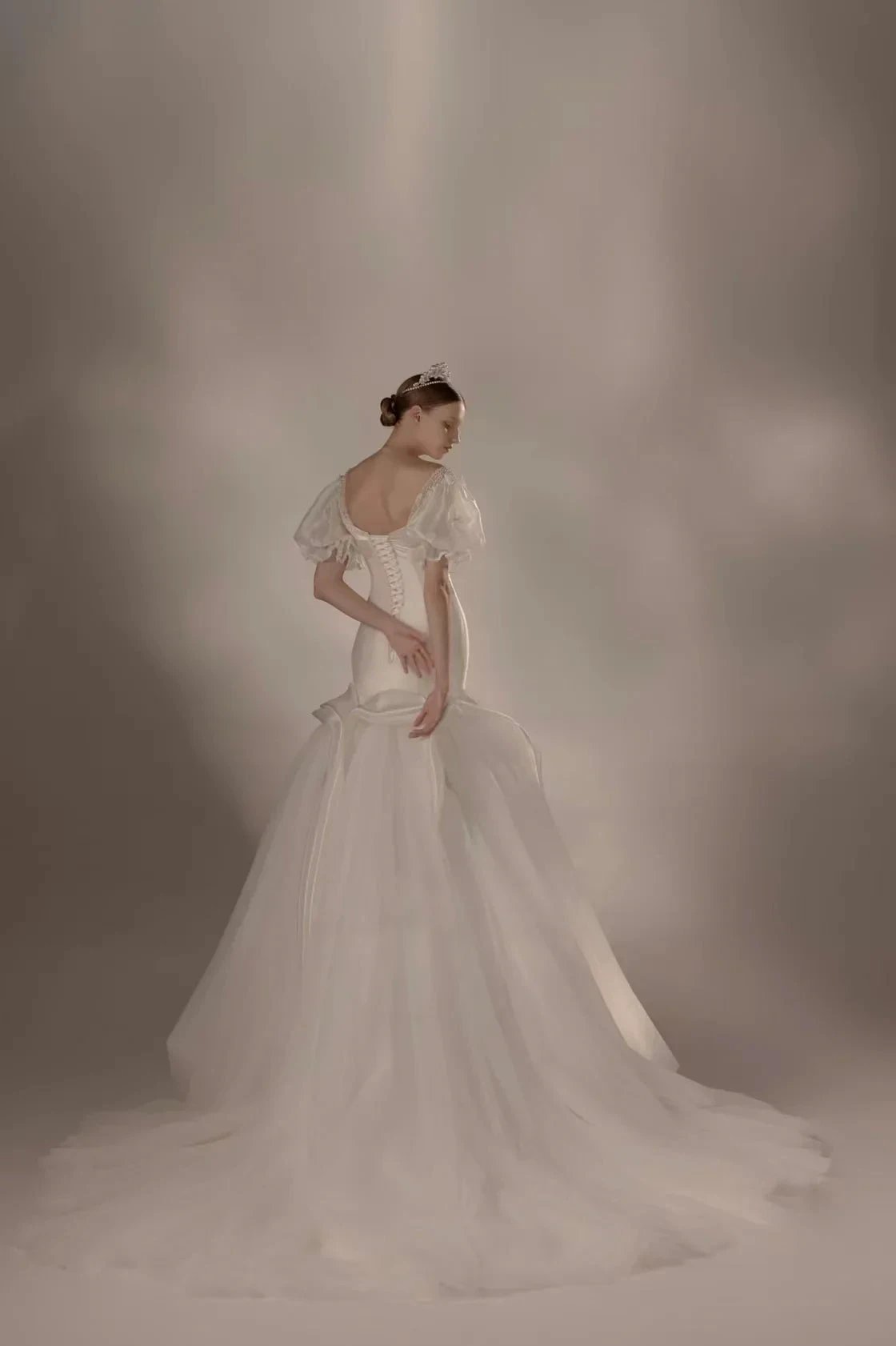 Elegant Mermaid Square Neck Organza Puff Sleeve Satin Wedding Dress with Crystal Trim & Lace-Up Back (ZD16912)