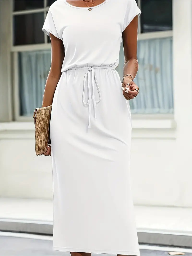 Hazel Luxe Casual Short Sleeved Round Neck Dress with Self Tie Belt Boutique Collection