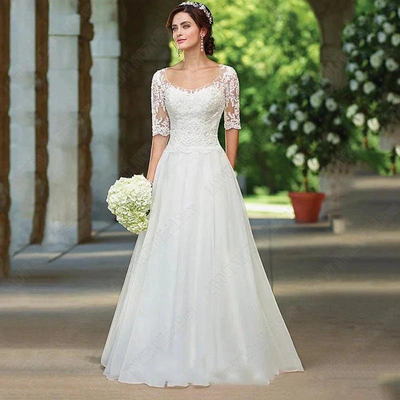 Lace Half Sleeves Wedding Dress For Bridal Illusion Appliques Buttons Back robe de mariée grande taille Custom Made by payinti