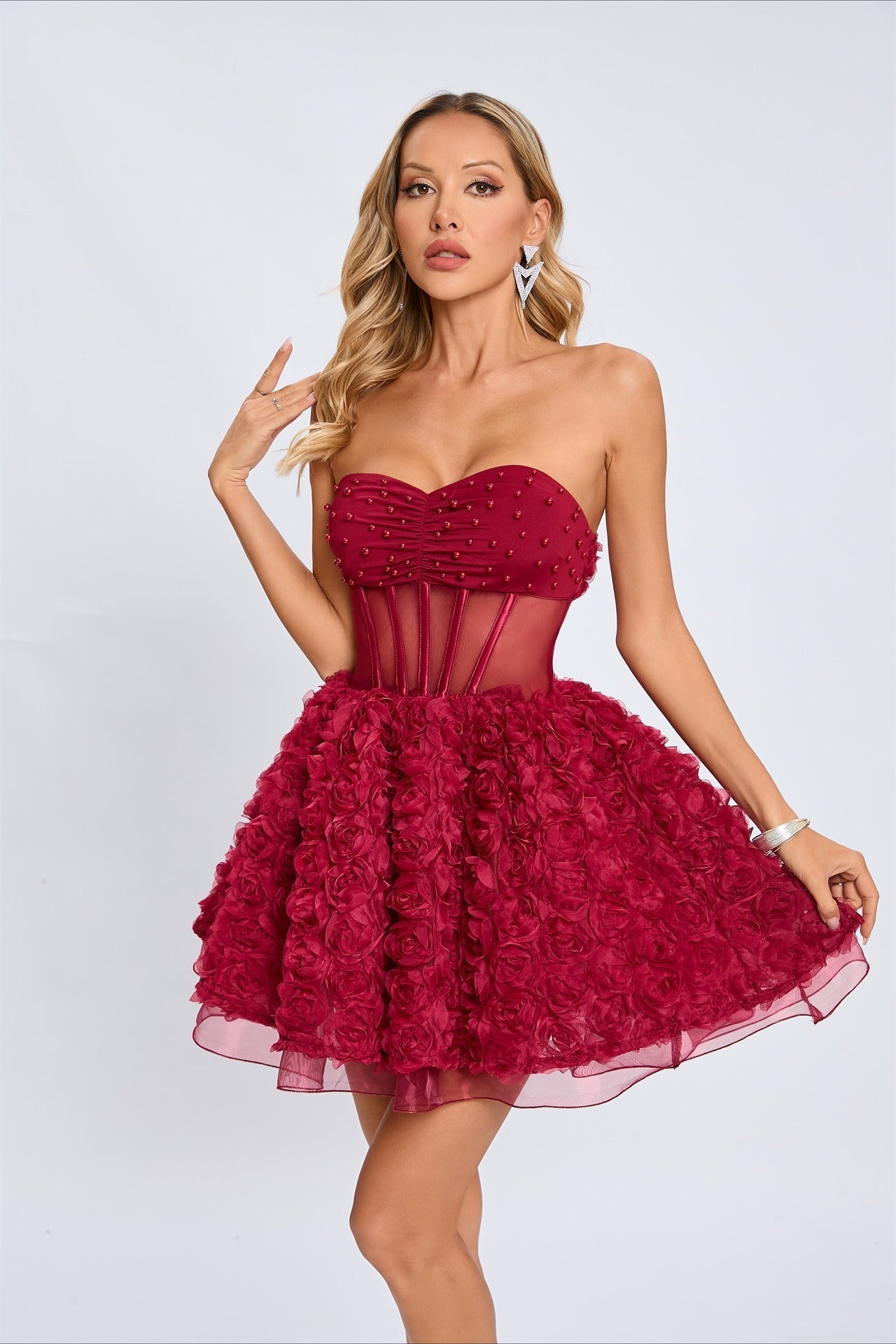 Beaded Strapless Puff Dress with Relaxed Fit and Seasonal Wardrobe Essential