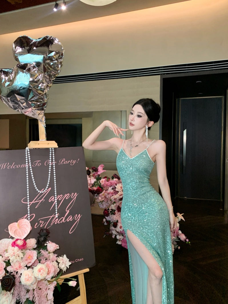 Green Sequin High-Slit Evening Dress – Elegant Party & Formal Gown