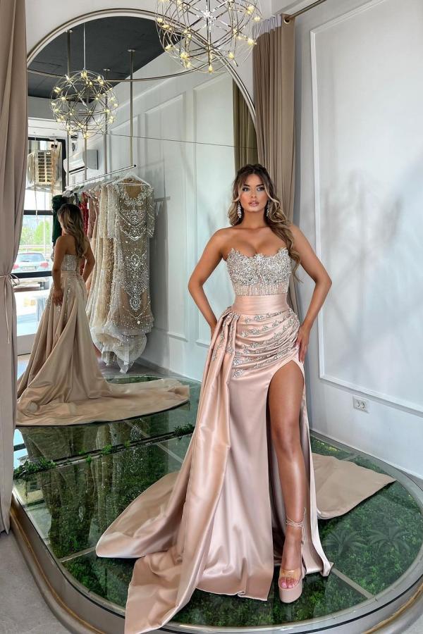 Sweetheart Mermaid Evening Dress Sleeveless Slit With Beads Ruffle