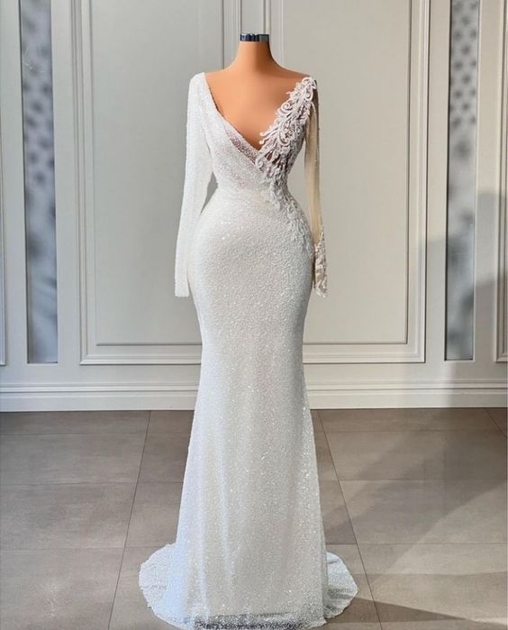 Mermaid Wedding Dress With Long Sleeves Elegant White Wedding Dress